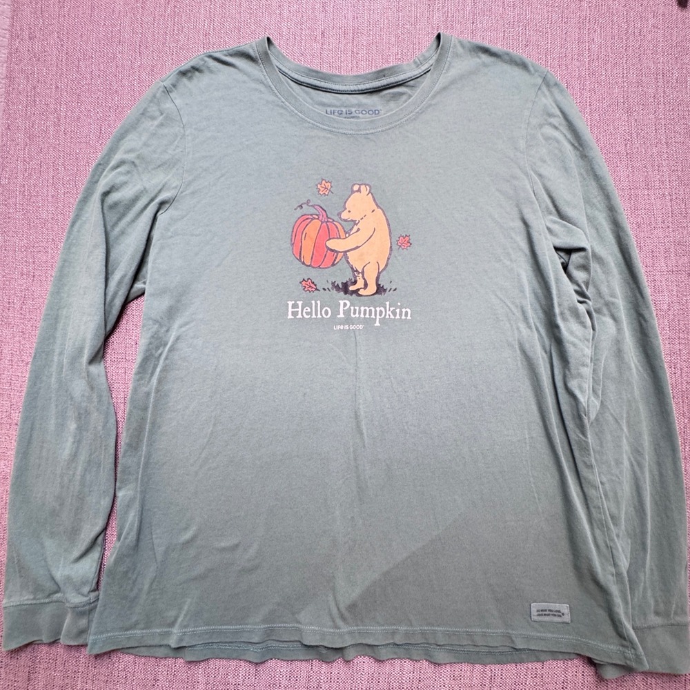 Life is Good Hello Pumpkin Bear Long Sleeve Crusher Tee XL Green Cotton